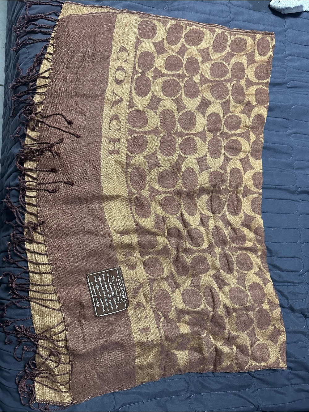Coach Brown and Gold Monogram Scarf with Logo Patch
